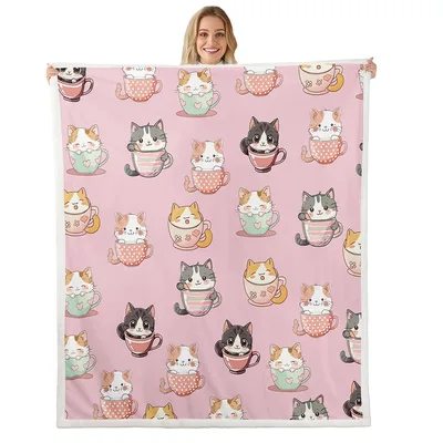Cartoon Cats in Teacups Blanket: Cute Feline Pattern for Cat Lovers
