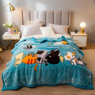Cartoon Cats on Teal Blanket: Playful Feline Lineup for Cozy Nights