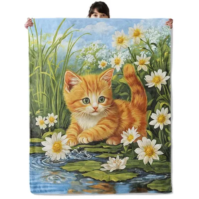 Orange Kitten Among Daisies Blanket: A Curious Ginger Cat by the Pond