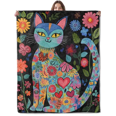 Colorful Floral Folk Art Cat Blanket: A Vibrant Feline Design