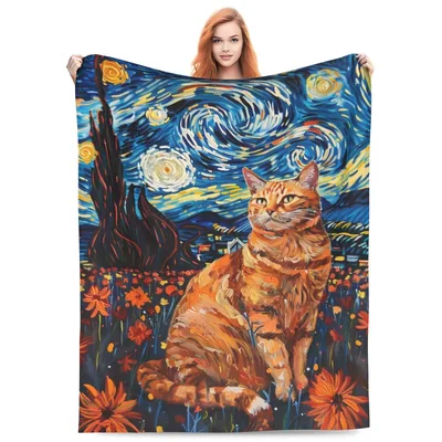 Orange Cat Starry Night Blanket: Whimsical Art for Feline Fans