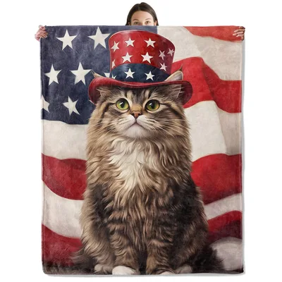Patriotic Cat with American Blanket: Tabby in Uncle Sam Hat
