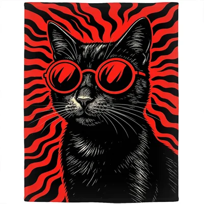 Black Cat Wearing Red Blanket: Cool Feline with Sunglasses Design
