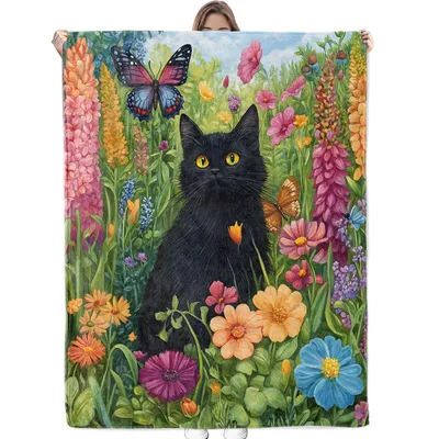 Black Cat in Flower Garden Blanket: A Feline Amidst Wild Blooms