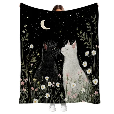 Two Cats Under Moon Night Blanket: Black and White Feline Art