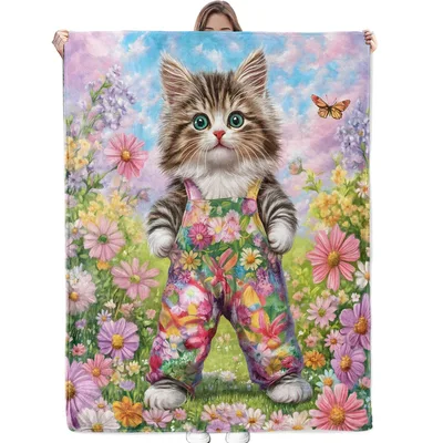 Kitten in Floral Pants Blanket: Whimsical Cat in Overalls Design