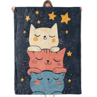 Stacked Cute Cats Blanket: Three Sleeping Kittens Under Stars Design