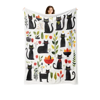 Cute Black Cats Blanket: A Whimsical Feline and Floral Design