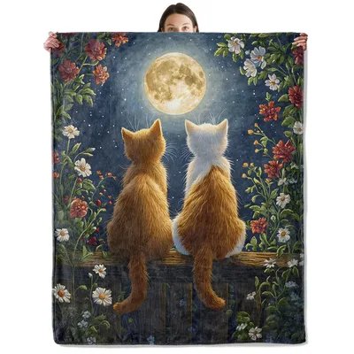 Cats Gazing at Full Blanket Featuring Two Cats and a Moon