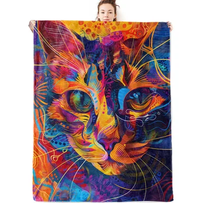 Colorful Abstract Cat Face Blanket: Vibrant Neon Kitten Portrait Art