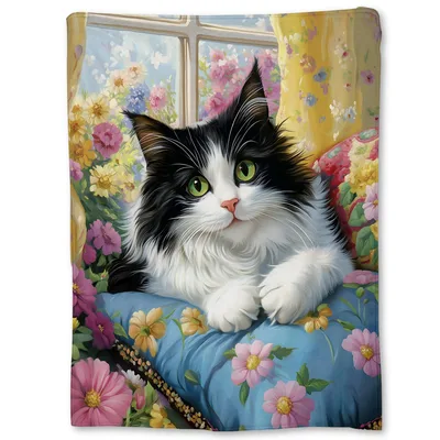 Tuxedo Cat in Flower Blanket: Fluffy Feline on Floral Cushion
