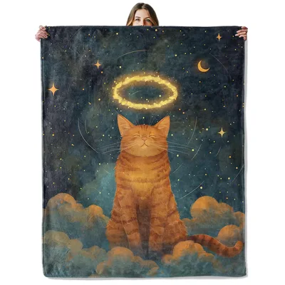 Orange Cat with Golden Blanket: Serene Feline in a Starry Night Sky