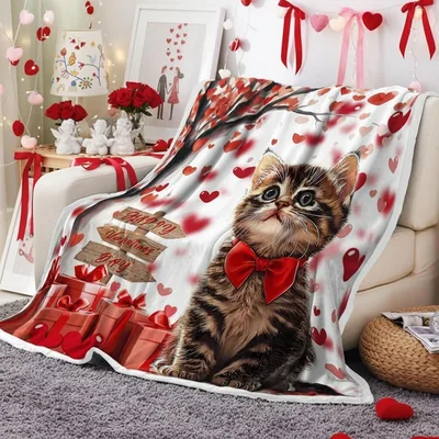 Valentine Cat Blanket: Kitten with Red Bow and Heart Tree Design