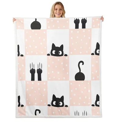 Peeking Black Cats Pink Blanket: Playful Feline Checkered Design