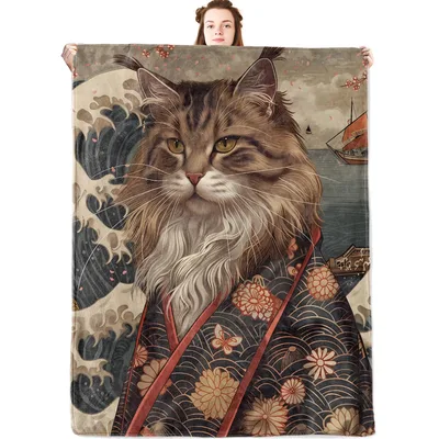 Samurai Cat in Kimono Blanket: Majestic Tabby in Japanese Art Style