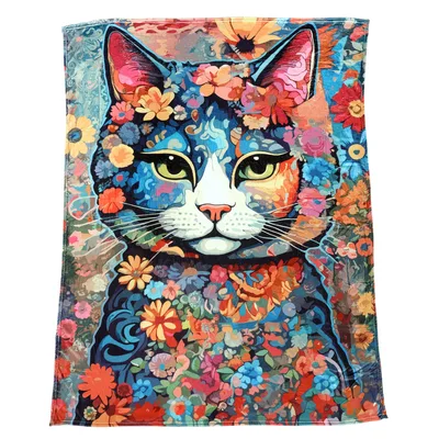 Colorful Flower Cat Portrait Blanket: Boho Feline Art