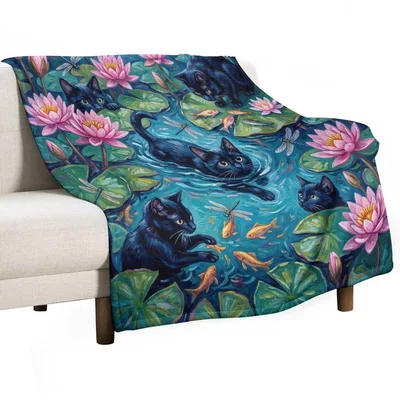 Black Cat Pond Koi Blanket: Feline Fishing Art for Garden Lovers