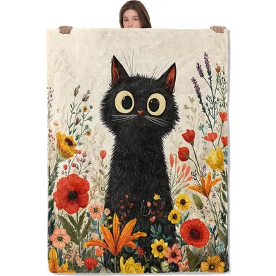 Black Cat in Wildflowers Blanket