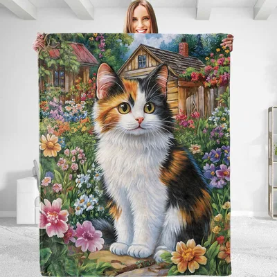 Calico Cat in Flower Blanket: A Tricolor Feline in a Garden Scene