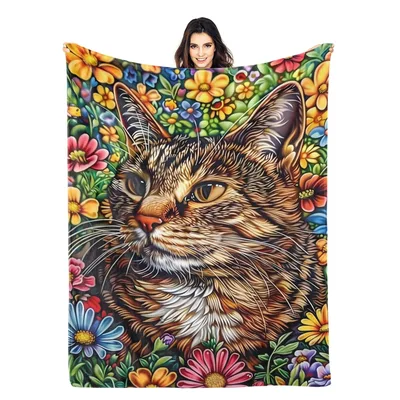 Tabby Cat Among Colorful Blanket: A Floral Feline Design