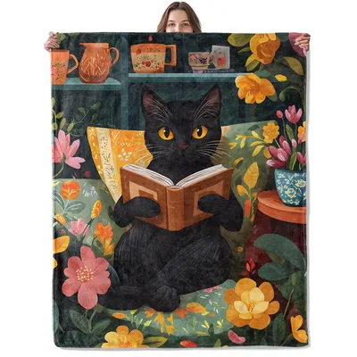 Black Cat Reading a Book Blanket for Cozy Readers
