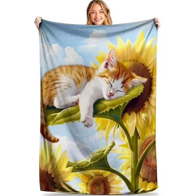 Sleeping Cat on Sunflower Blanket: Cozy Feline Art for Your Home