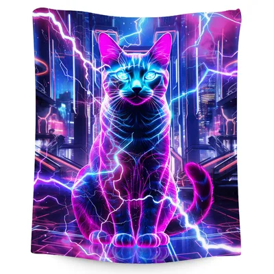 Neon Cat with Lightning Blanket: Cyberpunk Feline Art for Gamers