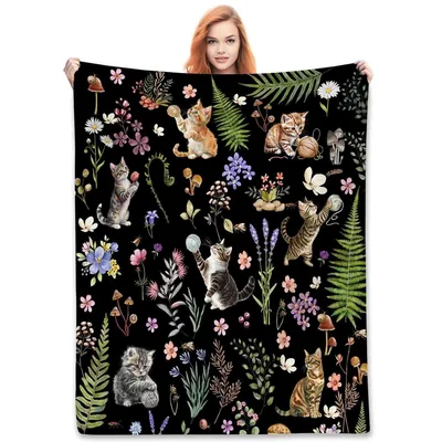 Cats Among Watercolor Floral Blanket: Kawaii Cats and Yarn