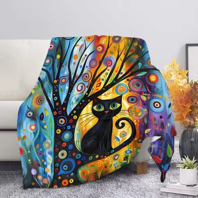 Black Cat Under Colorful Blanket: Whimsical Tree Art for Cat Lovers