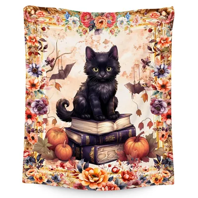 Black Cat on Books with Pumpkins Blanket: Cozy Fall Feline Art