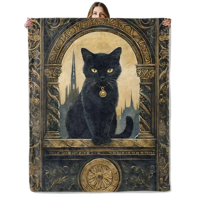 Gothic Black Cat Arch Blanket: A Regal Feline Portrait