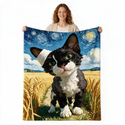 Tuxedo Cat Starry Sky Blanket: Bandaged Kitten in a Wheat Field