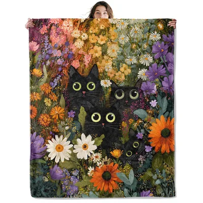 Black Cats in Wildflowers Blanket: Feline Friends in a Floral Garden