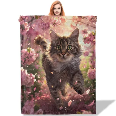 Cat in Pink Blossoms Blanket: A Leaping Tabby Among Cherry Petals