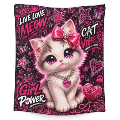 Cat Vibes Girl Power Blanket features a sparkly kitten
