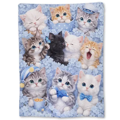 Kittens in Blue Hydrangeas Blanket: A Sweet Feline Garden Print