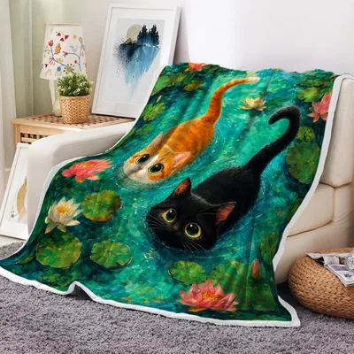 Cats Swimming in Lotus Blanket: Whimsical Feline Pond Art