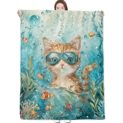 Kitten in Goggles Underwater Blanket: A Swimming Cat Design