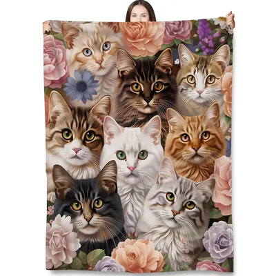 Cats Among Flowers Blanket: A Floral Feline Collage for Your Couch