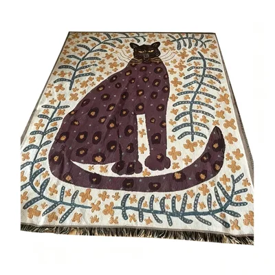 Vintage Black Cat Woven Blanket: Spotted Feline in Floral Frame