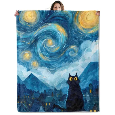 Black Cat Starry Night Blanket: Whimsical Feline Art for Dreamers