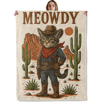 Cowboy Cat Meowdy Blanket: Western Feline Artwork for Home