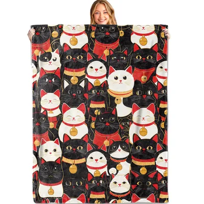 Lucky Cat Maneki Neko Blanket: Black and White Feline Pattern