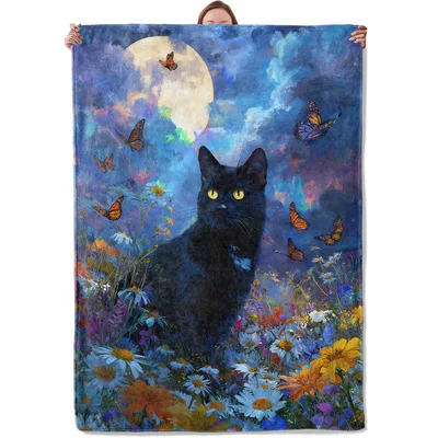 Black Cat Moonlit Meadow Blanket: Whimsical Feline Art