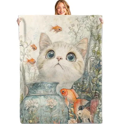 Curious Cat and Goldfish Blanket: Whimsical Feline Art Design