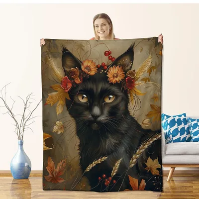 Elegant Black Cat Floral Blanket: A Regal Feline Crown Design