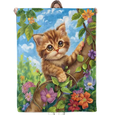 Orange Kitten Among Flowers Blanket: Adorable Cat in Garden Art