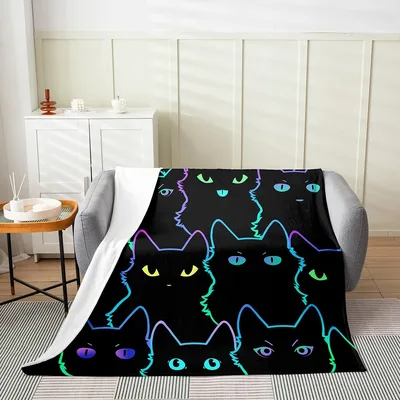 Neon Outline Black Cats Blanket: Glowing Feline Art for Your Room