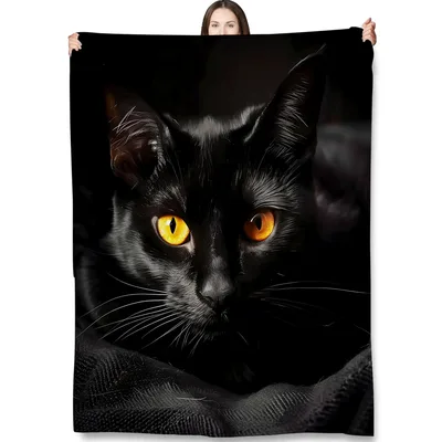 Black Cat Yellow Eyes Blanket for Gothic Cat Lovers