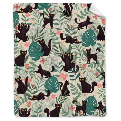 Black Cats Among Tropical Blanket: Feline Fun in a Leafy Pattern